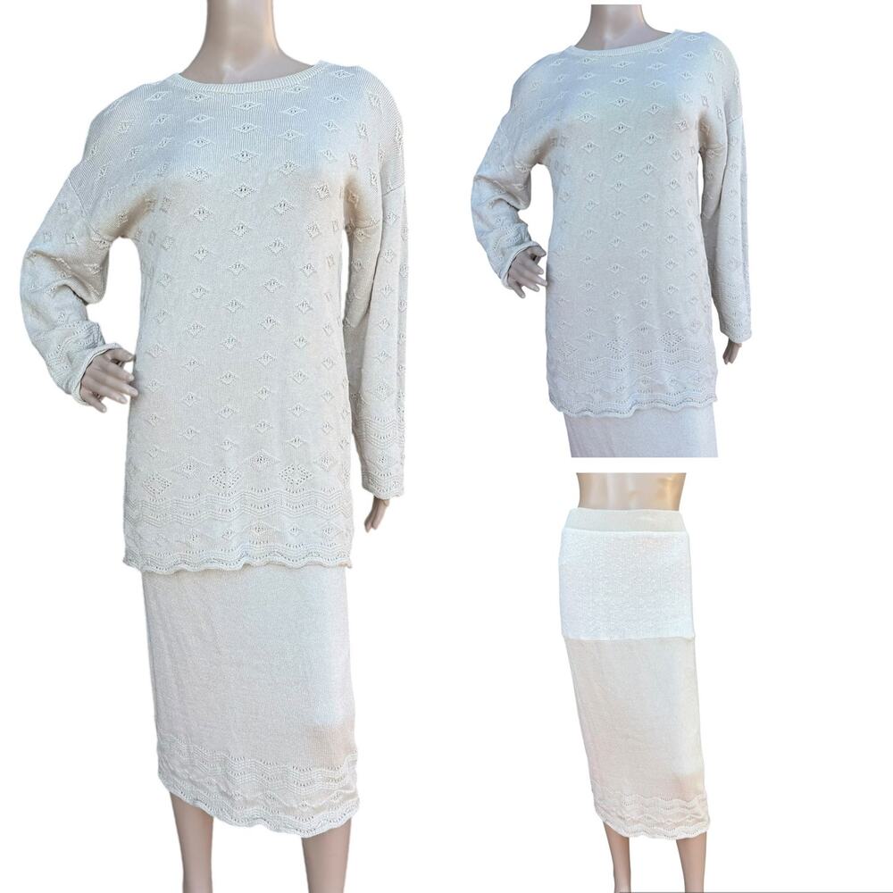 St. John Sportswear M Tan Knit Skirt Suit 2pc Set Sweater Pencil Midi